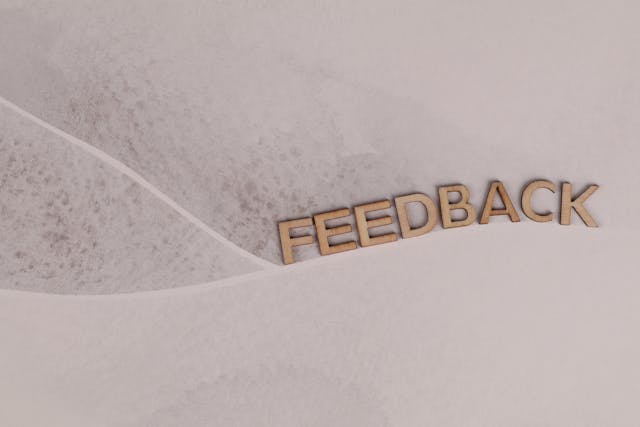 Letters spelling the word feedback, carved using wood